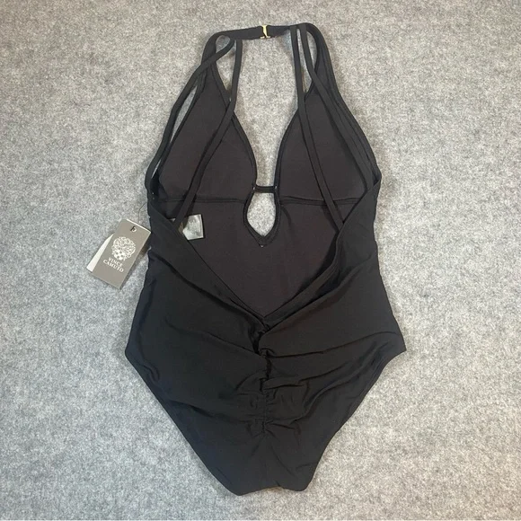 NWT Vince Camuto Plunge Neck Halter Open Back One-Piece Swimsuit Size 10 Black - Picture 7 of 12